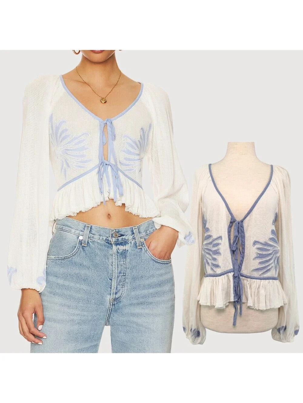 Free People Lookout Tie Front Embroidered Top Ivory Blue L